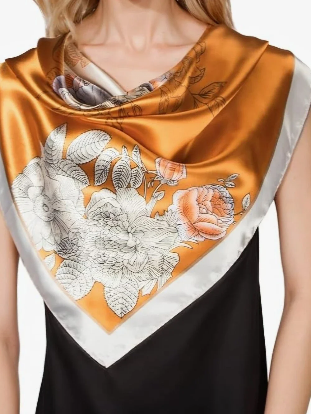 Womens Silk-Like Satin Scarf Features A Diagonal Orange And Cream Floral Pattern